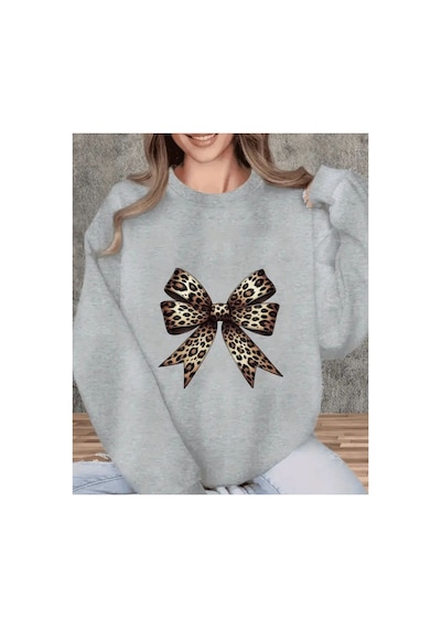 Herkesemoda Leopar Fiyonk Baskı Detaylı Bisiklet Yaka Sweatshirt Gri