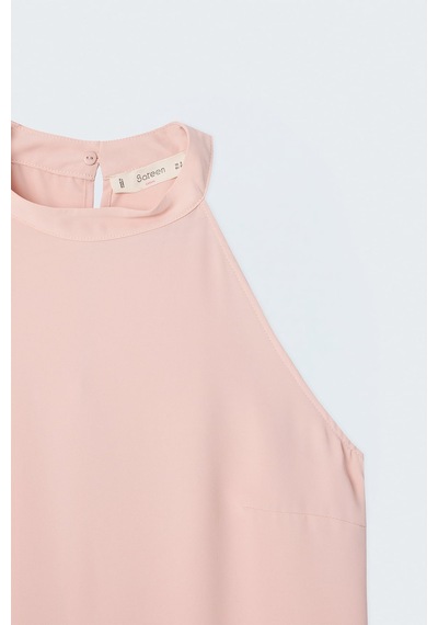 Sateen Halter Yaka Bluz - Pudra-137730