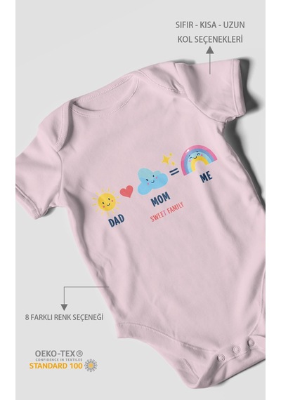 Morivokids Dad Mom Me Sweet Family Kısa Kollu Bebek Body %100 Pamuk Bebe Pembe