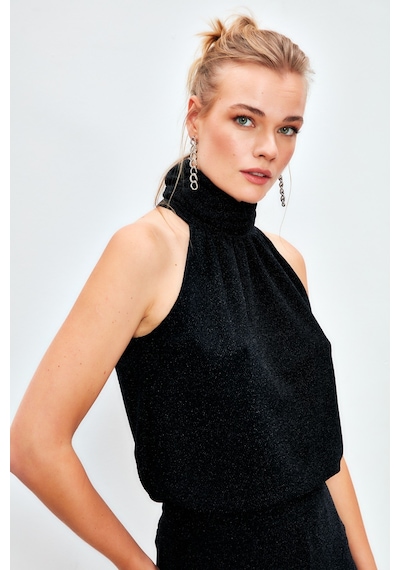 Sateen Kolsuz Parlak Bluz - Siyah