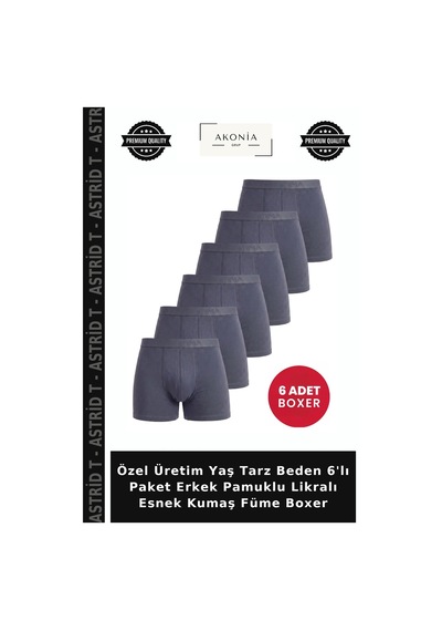 Astrid T Özel Üretim Yaş Tarz Beden 6'lı Paket Erkek Pamuklu Likralı Esnek Kumaş Füme Boxer