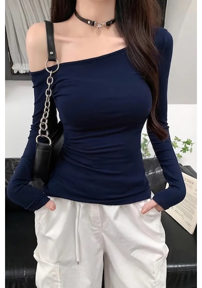 Lacivert Kadın Düşük Omuz Kayık Yaka Dar/slim Uzun Kollu T-shirt Lacivert