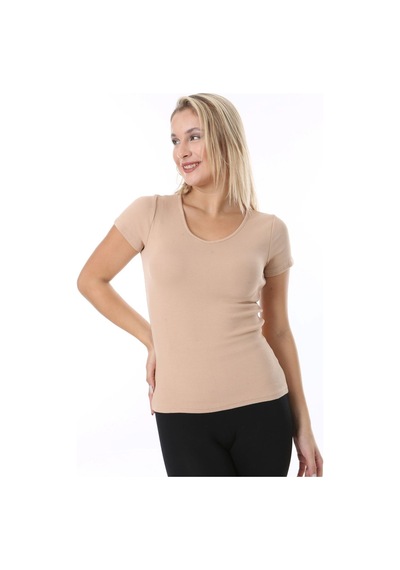 Rooted-kadın Basic V Yaka T-shirt ,fitilli Kaşkorse Kumaş Bluz Bej