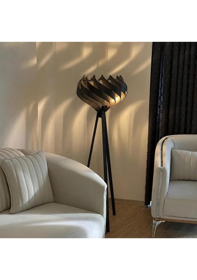 Tr Modern Ahşap Tripod Lambader Dekoratif Salon Köşe Lambası Siyah Diğer