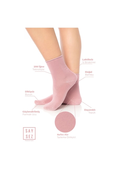 Saysez Bambu Kadın Lastiksiz Pembe Soket Dikişsiz Premium Çorap / Iz Bırakmaz / Sıkmayan Çorap Renkli