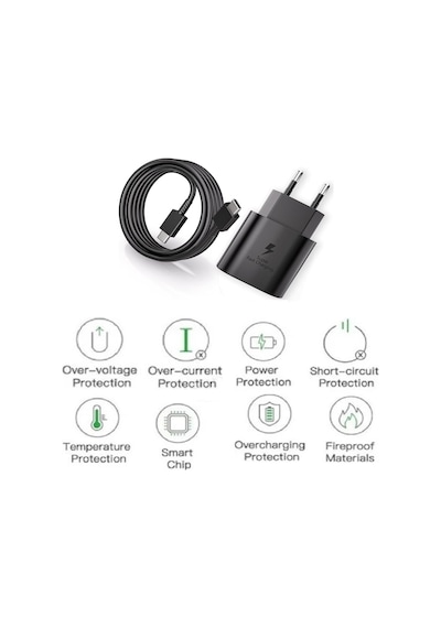Samsung Galaxy S20 Plus Uyumlu Type-c Ultra Hızlı Şarj Seti 22.5w 3.0 Amper Siyah Şarj Adaptörü Ve Kablo