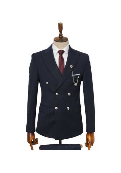 Beystil Sivri Yaka Lacivert Kruvaze Takım Elbise Nikol036 - Slim Fit Lacivert