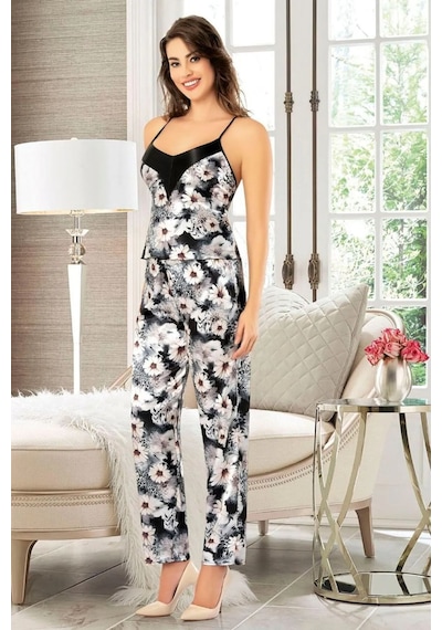 Faal 4910 Kadın Saten Sabahlıklı İp Askılı Pijama Takım-siyah Siyah