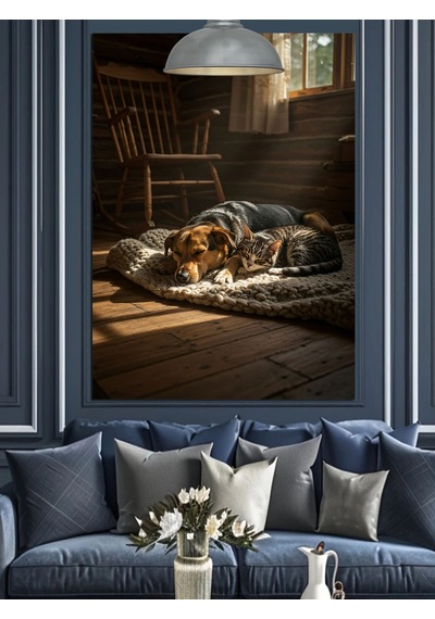 Uyuyan Kedi Ve Köpek Dekoratif Kanvas - Mdf Ahşap Tablo