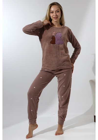 Wordex Fawn 5015 Peluş Welsoft Polar Kışlık Ayıcıklı Yumoş Kadın Pijama Takımı Vizon