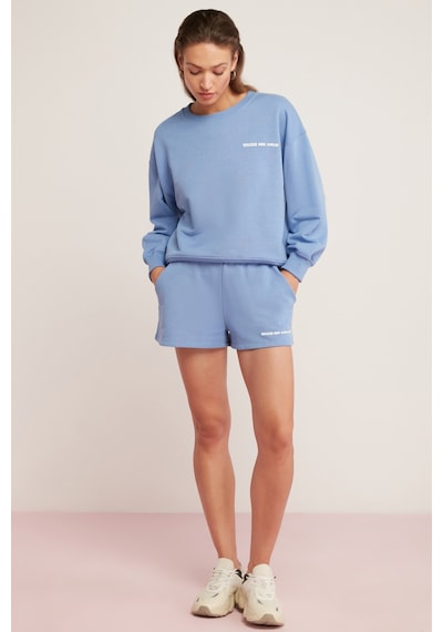 Ethıquet Sandra Kadın Pamuklu Içi Polarlı Yumuşacık Göğsü Baskılı Yuvarlak Yaka Comfort Mavi Sweatsh