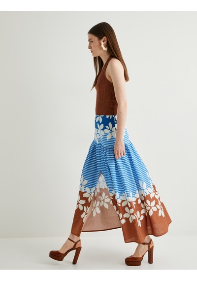 Koton Floral Midi Balon Etek A Kesim Çok Renkli Pamuklu Astarlı Mavi Desenli 4sak70092ew Mavi Desenli Mavi