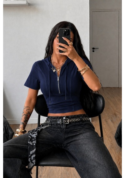 Tarz Cool Kapüşonlu Crop Tişört Fermuarlı Kısa Kollu Kadın Üst Body Lacivert