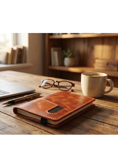 Bilikolik Hakiki Deri A5 Defter Kılıfı, El Yapımı, Telefon Cepli Ajanda Organizer, Defter Ve Kalem Dahil Turuncu