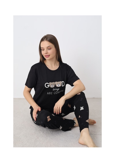 Elitol Nakışlı Milan Örme Kısa Kol Kadın Pijama Takımı Desenli-5