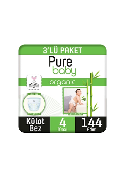 Pure Baby Organik Bambu Özlü Külot Bez 3'lü Paket 4 Numara Maxi 144 Adet 3'lü