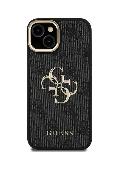 Apple Uyumlu iPhone 15 Kılıf Guess Lisanslı Metal 4g Ve Yazı Logolu Kamera Standlı Kapak Siyah