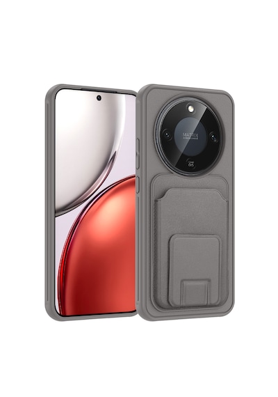 Honor Magic 8 Lite 5g Kılıf Arka Yüzey Kartlıklı Deri Doku Premium Silikon Standlı Özelliği Kapak Gri