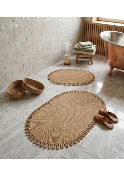 Senza Atelier Bohem Lüks Hasır Banyo Seti - Jüt Örgü Kaymaz Paspas Ve Saklama Sepeti - 4 Parça Banyo Aksesuar Seti Jüt Hasır