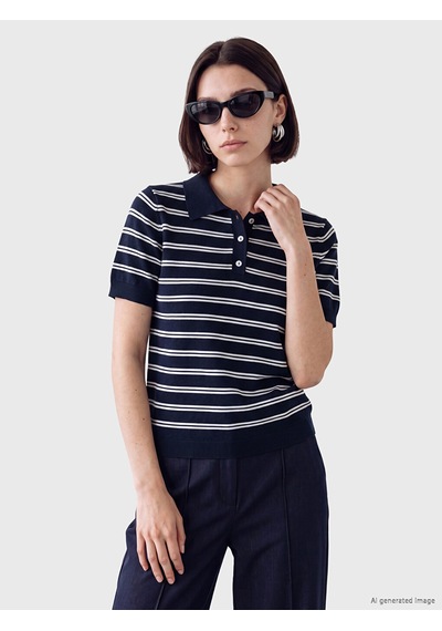 Lcw Modest Lacivert Polo Yaka Çizgili Kadın Triko Kazak