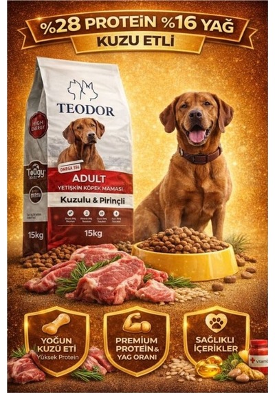 Teodor Kuzu Etli Yetişkin Köpek Maması 15kg %28 Protein %16 Yağ