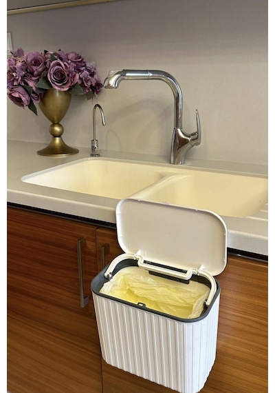 Makri Home Askılı Çöp Kovası- Beyaz- Çift Yönlü Kapaklı - 8 Litre Beyaz