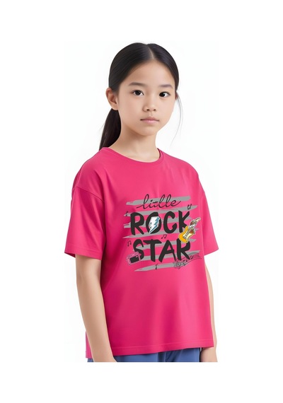 Panios Kids Little Rock Baskılı Kız Çocuk Kısa Kollu T-shirt Fuşya