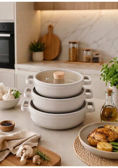 Neoflam Fika Bej 3'lü Kapaklı Sahan Seti 18-20-22 Cm