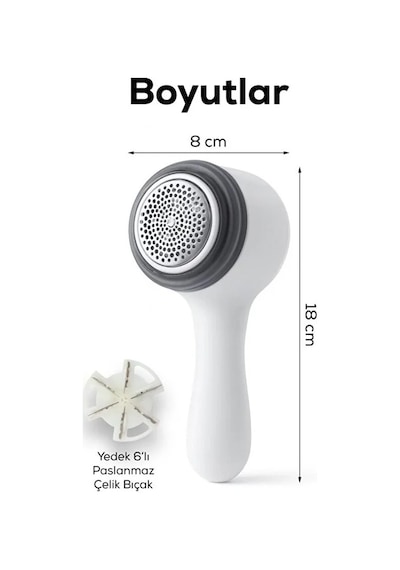 6 Bıçaklı Şarjlı Tüy Ve Tiftik Temizleme Makinesi Beyaz Yuvarlak Tasarım Yedek Bıçaklı Belirtilmemis