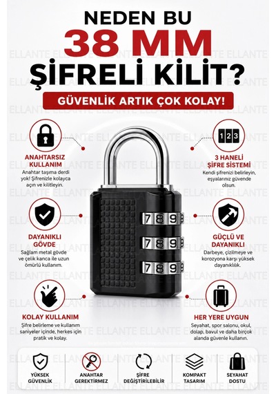 38 Mm 3 Haneli Şifreli Asma Kilit Anahtarsız Güvenlik Paslanmaz Çelik Kanca Bavul, Dolap Ve Ça