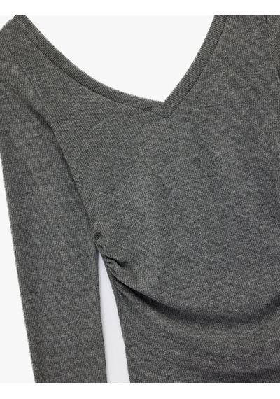 Koton Slim Fit Drapeli Kaşkorse V Yaka Uzun Kollu Tişört Antrasit 7wal10138ık