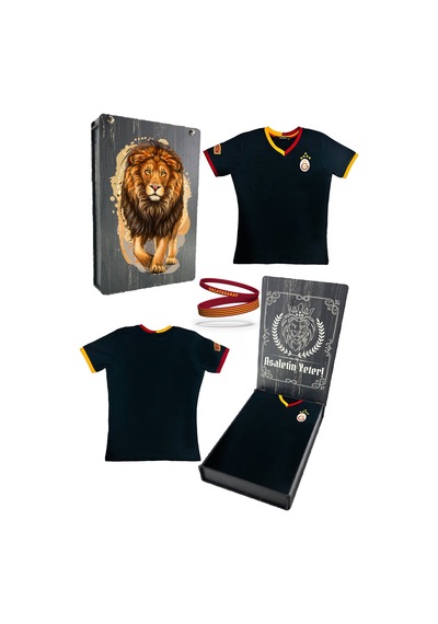 Galatasaray Lisanslı 5 Yıldızlı Siyah Basic Çocuk T-shirt + Bileklik Set Ahşap Kutulu Siyah