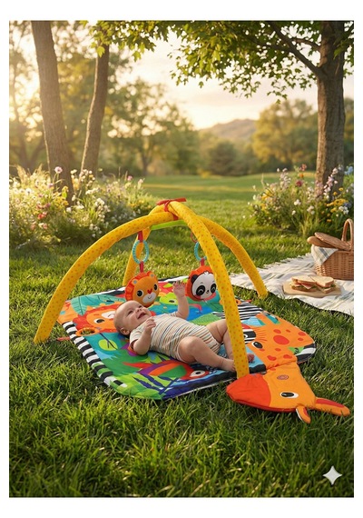 Jungle Play Halısı Bebek Aktivite Halısı Oyuncaklı Oyun Halısı Minderi Turuncu