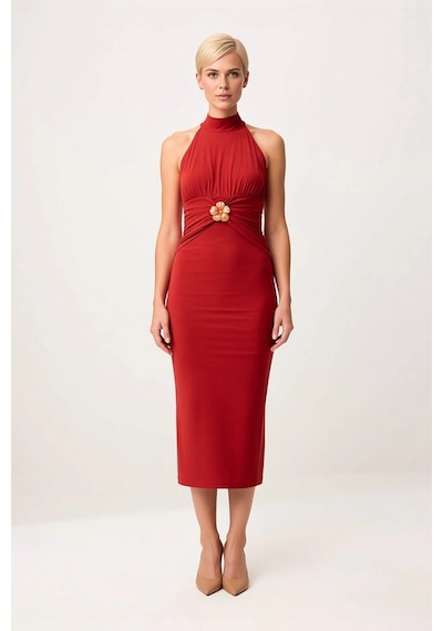 Benerly Kadın Halter Yaka Kolsuz Bodycon Midi Elbise Aksesuar Detaylı Ast Kiremit