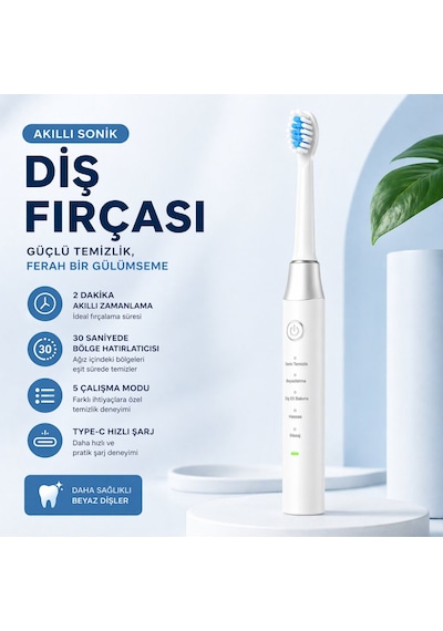 Akıllı Sonik Diş Fırçası 15000 Titreşim/dk 5 Mod Type-c Şarj Ipx7 Su Geçirmez Şarjlı Elektrikli Diş Fırçası