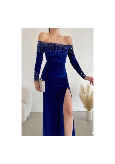 Lior Design Kadın Trend Model Esnek Kadife Kumaş Yırtmaçlı Uzun Kollu Abiye Elbise Saks