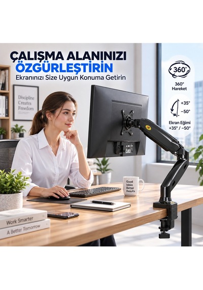 Nb F80 17-27 İnç Gazlı Amortisörlü Monitör Kolu Hareketli Masa Montaj Aparatı Siyah