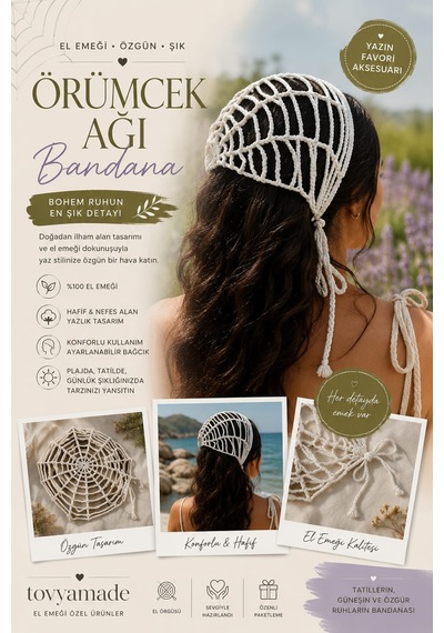 Örümcek Ağı Motifli Bandana Beyaz