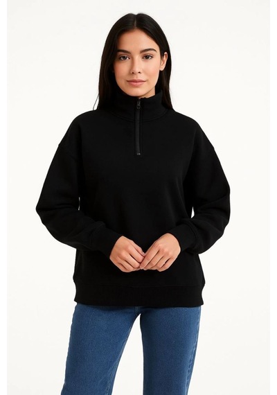 Mbb E-ticaret Kadın 3 İplik Pamuklu Dık Yaka Yarım Fermuarlı Sweatshirt - Siyah