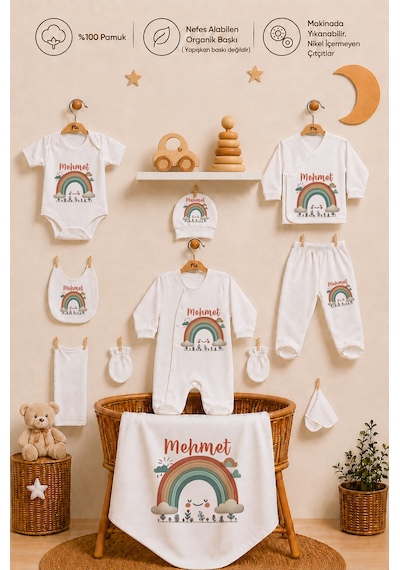 Pia Baby Erkek Bebek Hastane Çıkışı Seti 10 Parça %100 Pamuk Kişiye Özel İsim Baskılı 1083100x Ekru