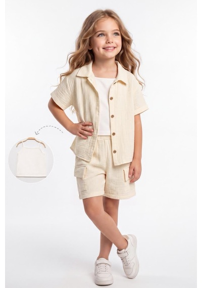 Mnk Baby & Kids Kız Çocuk 3 Parça Pamuklu Müslin Rahat Takım M00837 Ekru