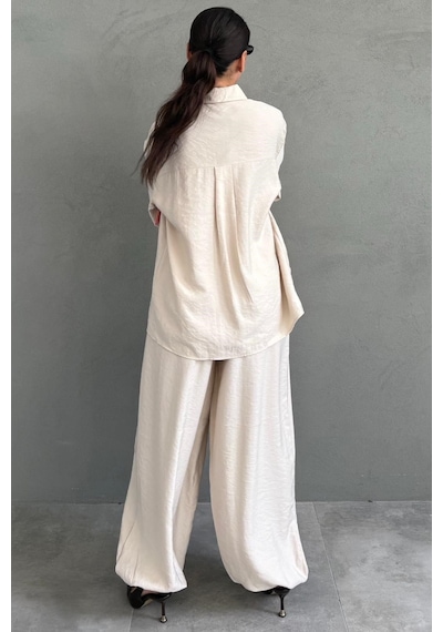 Madmext Bej Oversize Gömlek Balon Pantolon Kadın Takım Mg2779