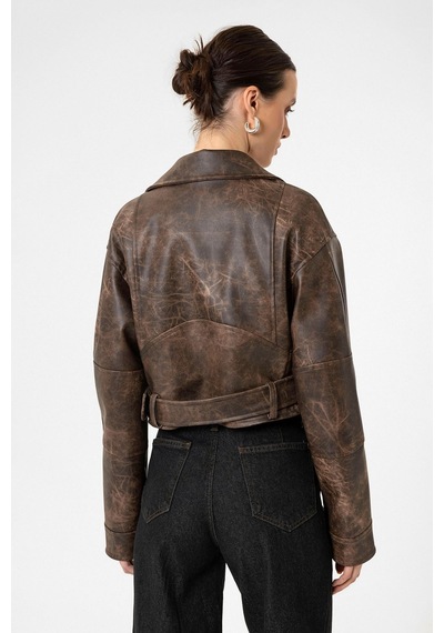 Antioch Kadın Suni Deri Crop Biker Ceket Kahve