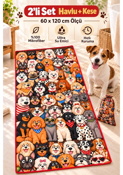 Kedi & Köpek Kurulama Havluları Dogs - Köpek Desenli Büyük Boy Hızlı Kuruyan 60x120cm
