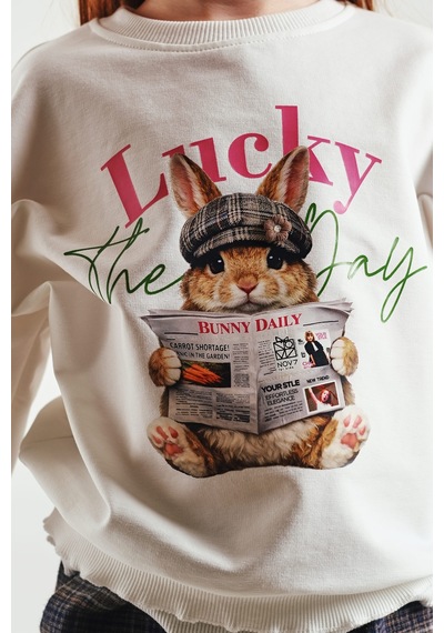 Loco Loco Ekru Tavşan Baskılı Ekose Çocuk Sweatshirt