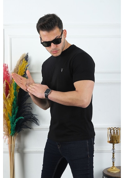 Erkek Siyah Slim Fit Bisiklet Yaka %100 Pamuk Tişört Siyah