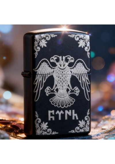 Çift Başlı Kartal Göktürkçe Türk Motifli Siyah Metal Benzinli Çakmak