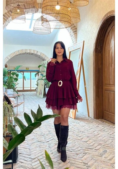 Neşeli Butik Kadın Bordo Gömlek Yaka Dantel Detaylı Kat Kat Mini Elbise Nbmy3858 Bordo