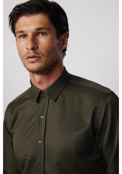 Tudors Modern Slim Fit Pamuklu Kolay Ütü Armürlü Haki Erkek Gömlek - Tudors-28352-haki Haki
