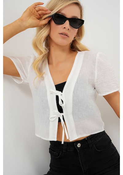 Hiccup Bdart Dokulu V-yaka Keten Karışımlı Crop Top Beyaz